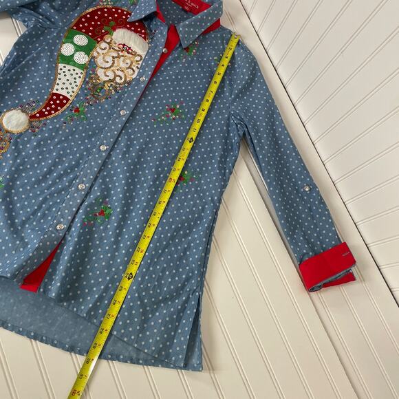 Jack b. quick Women’s Blue Polka Dot Sequined Holiday Button Blouse Size S - Picture 10 of 10
